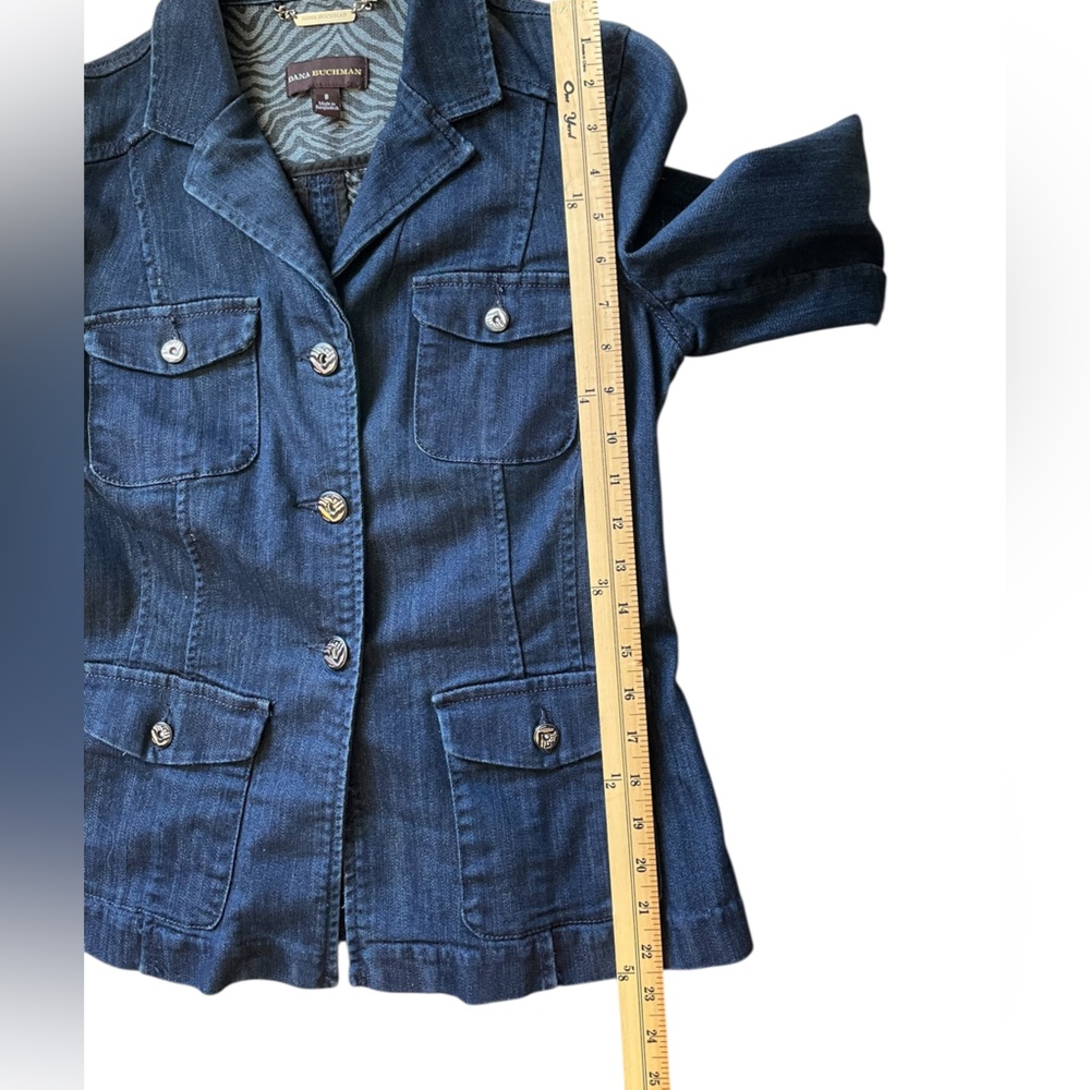 DANA BUCHMAN Dark Blue Button Front Lapel 4-Pocket Denim Jean Jacket - Size 8 - Picture 15 of 16